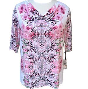 Nue Options Blouse NWT Womens 2X Cowl Neck Short Sleeve Pink Spring Floral